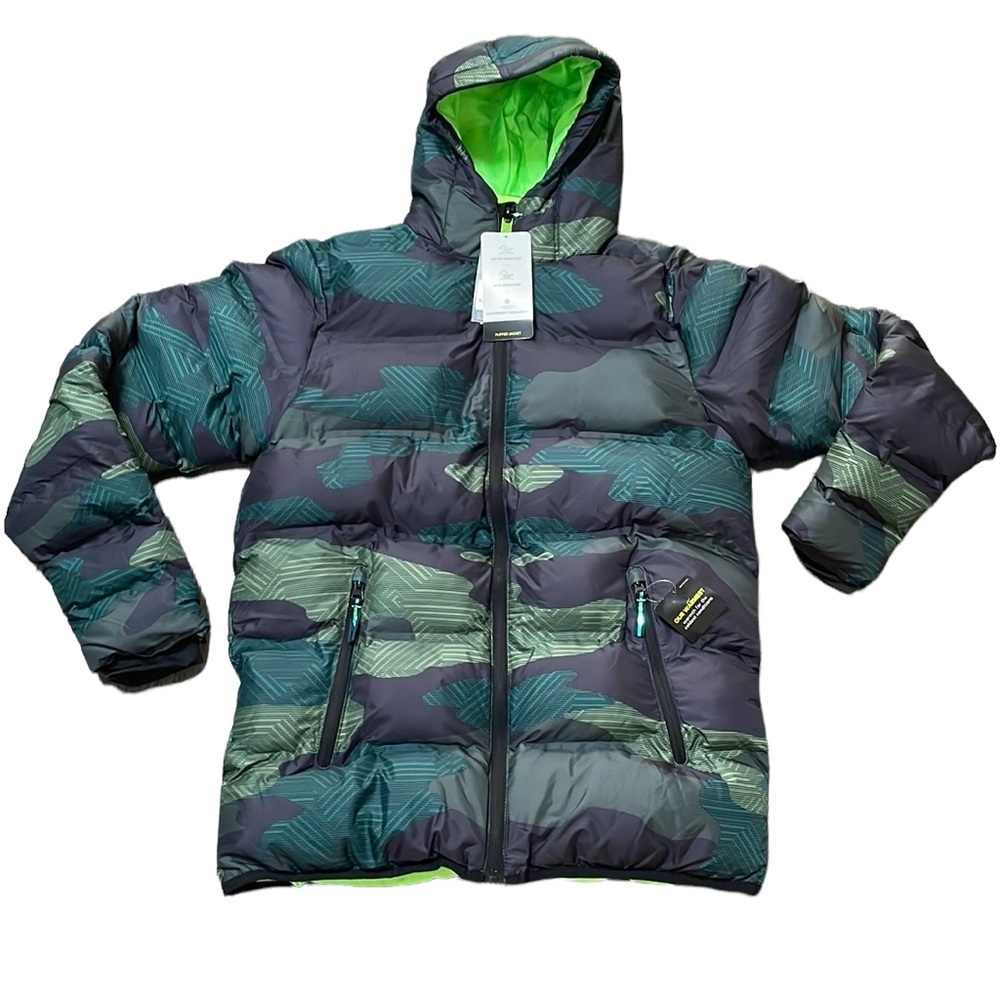 Kids Puffer Jacket with Hood - Green Camo